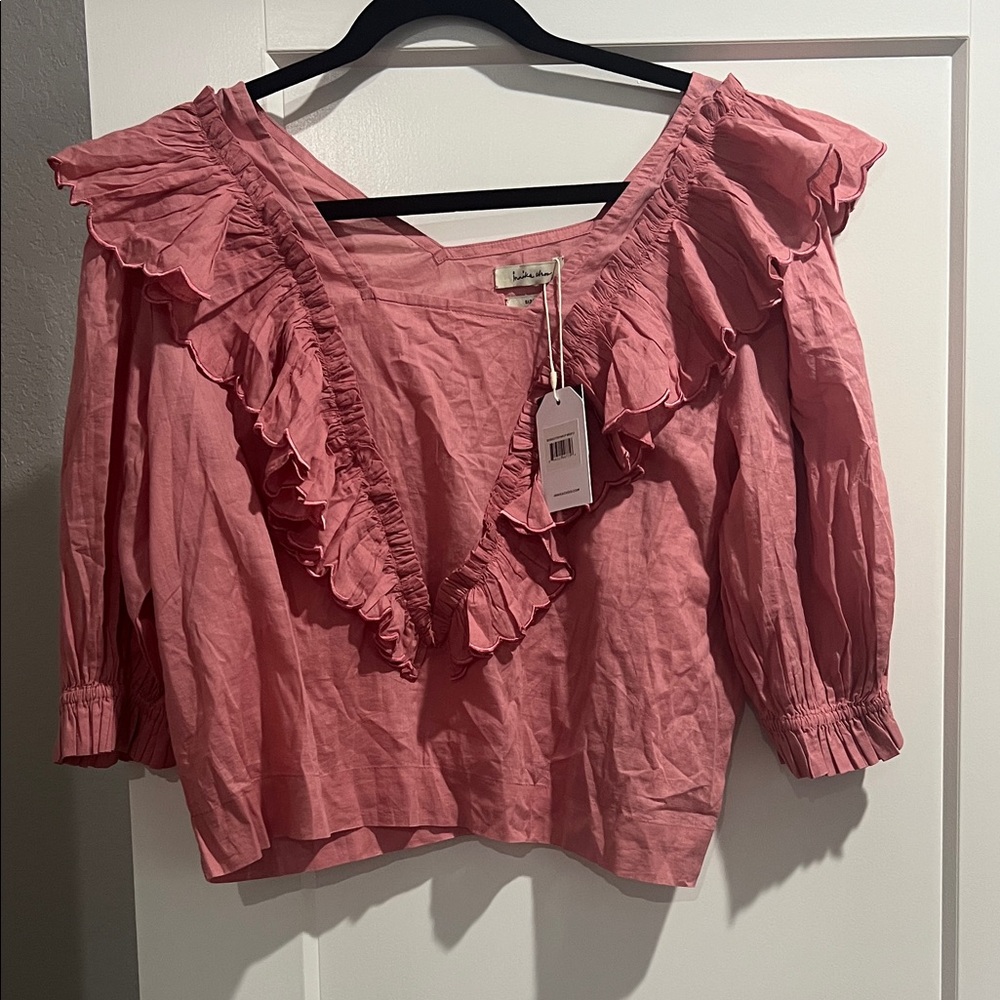 Women's Pink Ruffle V-Neck Blouse with Three-Quarter Sleeves